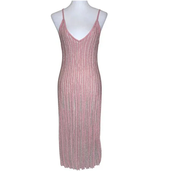 H&M Pink & Silver Metallic Pleated Midi Dress Shimmer Knit Cami Size Medium - Picture 2 of 14